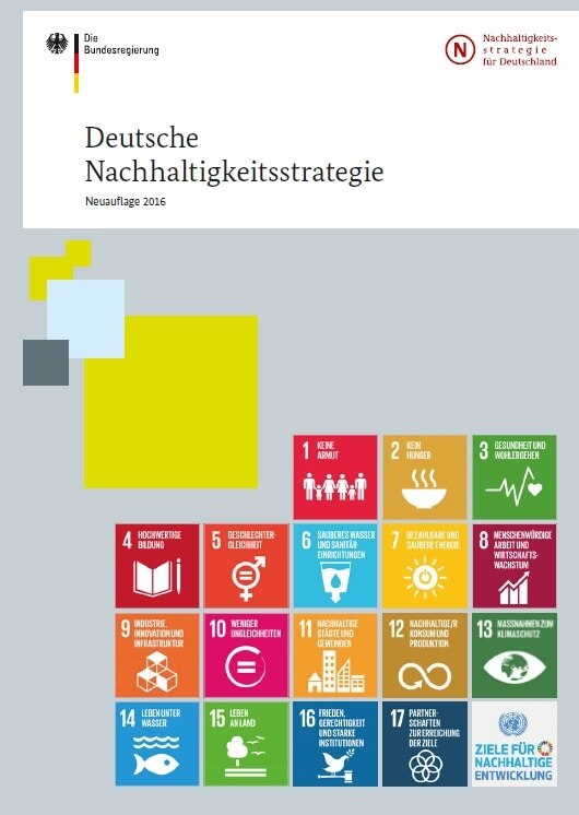Titelbild der Publikation »Deutsche Nachhaltigkeitsstrategie«. Abgebildet sind verschiedene gesellschaftliche Bereiche, in denen Nachhaltigkeit ein Thema ist. Angeordnet sind sie wie ein Periodensystem.