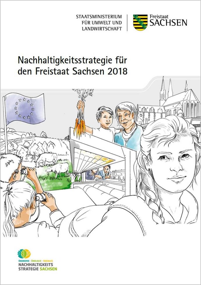 Die Abbildung zeigt eine Komposition von Bildelementen aus den neun Handlungsfeldern des Freistaates Sachsen